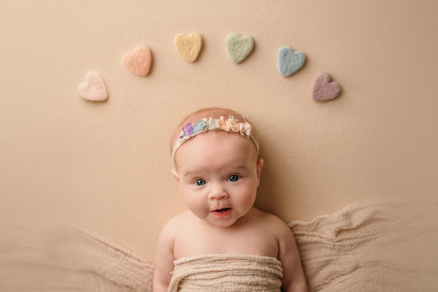 Collab: Golden Stitch Rory bow tieback and/or chunky layer and/or felted heart set | Vintage Rainbow | RTS