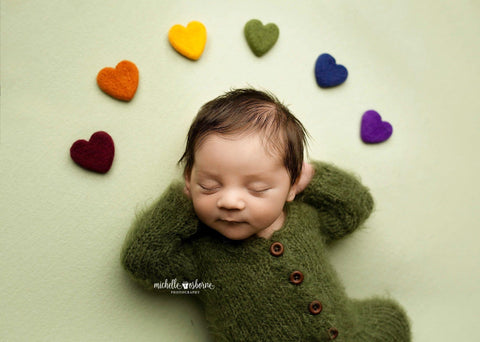 Collab: Golden Stitch Rory bow tieback and/or chunky layer and/or felted heart set | Vintage Rainbow | RTS